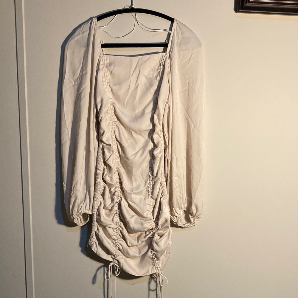 Chic Cream Long Sleeve Ruched Dress